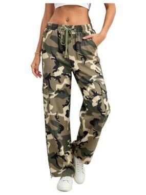 Women's Camo Cargo Pants Wide Leg Drawstring Elastic Waist Cotton Trousers